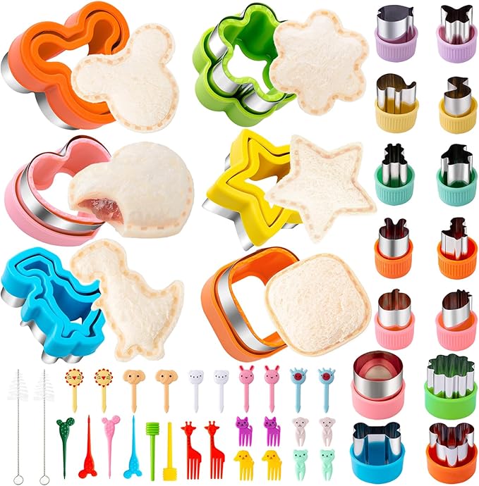Nifogo Sandwich Cutter for Kids Lunch 48 Pcs (LARGE) | Sandwich Maker, Cookie Cutters and Sealer Set, Stainless Steel, Bread Decruster, Dinosaur Mickey Heart Shape for Boys Girls