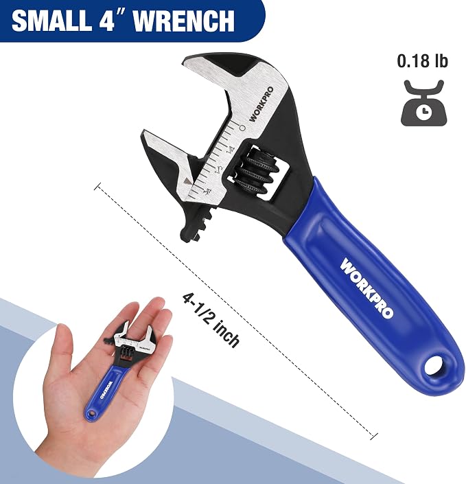 WORKPRO 4-Inch Mini Adjustable Wrench, Wide Jaw Cr-V steel Wrench | Black Oxide Finish, Metric & SAE Scales, Compact Size for Small Nuts, Home Projects, Workshop and DIY Tasks.