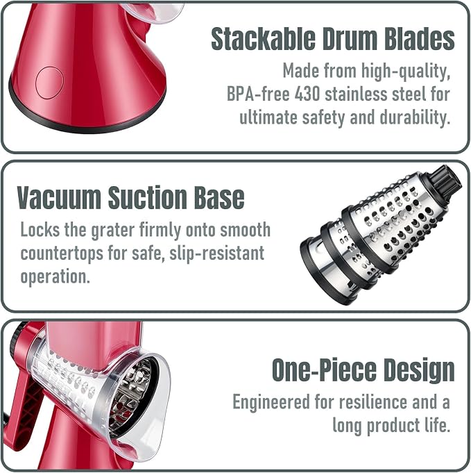 KYZ Rotary Cheese Grater - 12X Faster Hand Crank Vegetable Slicer with 3 Premium Stainless Steel Blades, Strong Suction Base, Dishwasher Safe Food Shredder for Cheese, Vegetables, Nuts, Chocolate