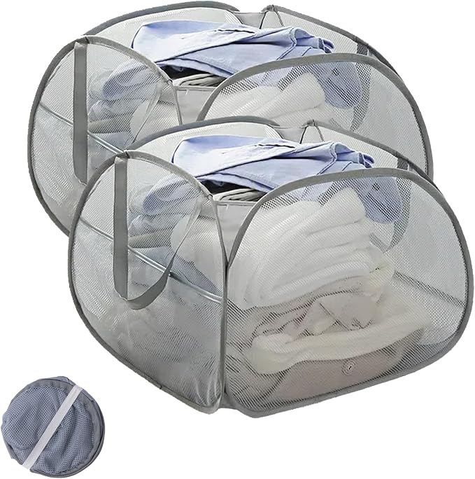 Collapsible Laundry Basket 90L, Mesh Pop-up Hamper, Gray 2PCS | Foldable Laundry Basket, Side Storage Pocket, Handles, Dirty Clothes Hamper for Bedroom, Bathroom, Dorm, Travel, Camping