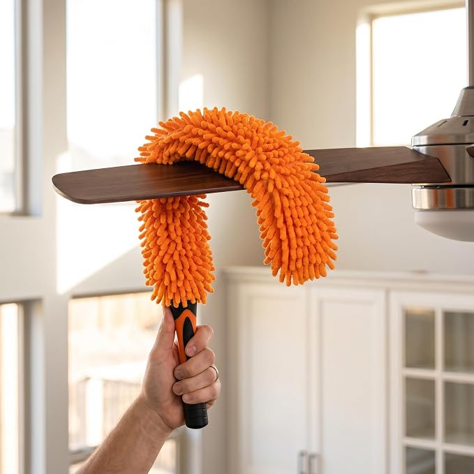 Chenille Duster with Bendable Head – Washable Ceiling Fan Duster for High Ceilings, Blinds, and Furniture – Universal Thread Fit for Easy Cleaning, Orange