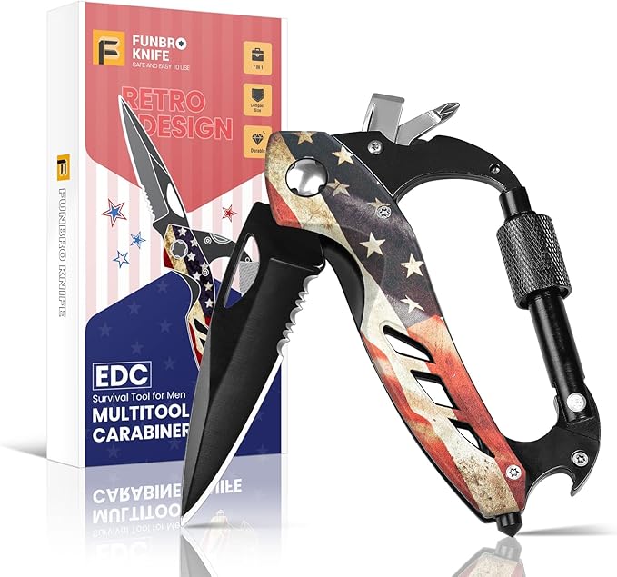 FUNBRO Multitool Carabiner Knife Tools for Men, Bottle Opener | Cool Gadgets Gear with Folding Knives, Window Breaker and Screwdriver for Hiking Camping, 7-in-1 Edc Multi Tool (usa Flag)