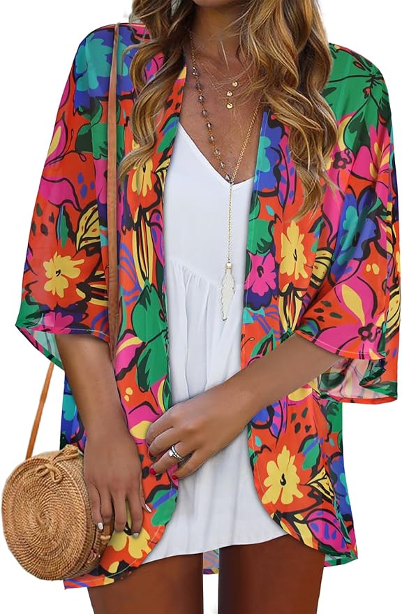Women Kimono Cardigans Summer Cover Up Hawaiian Shirts Floral Print Tops | ROSEMIA chiffon kimono open front cardigans, beach cover ups, daily casual tops, cruise outfits, summer resort wear