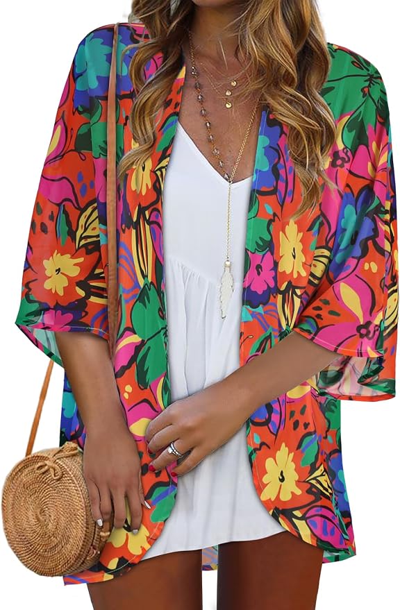 Women Kimono Cardigans Summer Cover Up Hawaiian Shirts Floral Print Tops | ROSEMIA chiffon kimono open front cardigans, beach cover ups, daily casual tops, cruise outfits, summer resort wear