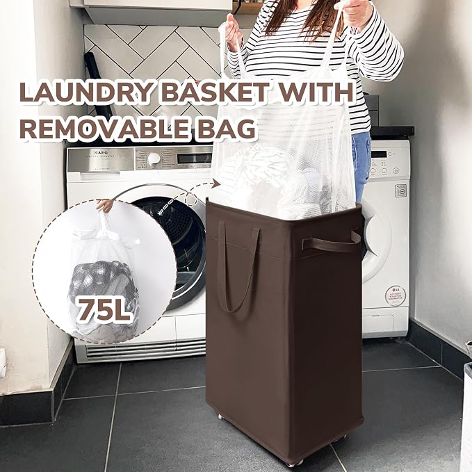 CHICVITA 75L Large Rolling Laundry Basket with Wheels & Wash Bag, Coffee | Clothes hamper for laundry room and living room. Removable wash bag for easy wash-day transpor