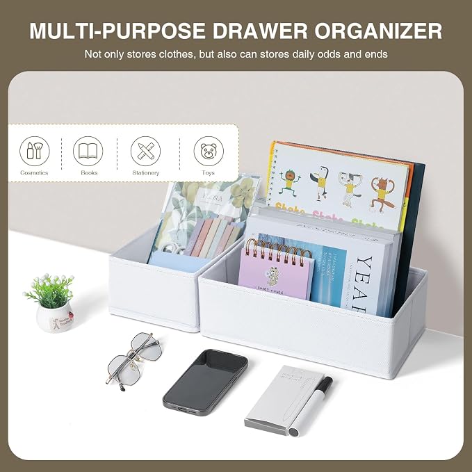 DIMJ Drawer Organizers Clothes, Set of 12 Dresser Organizer Bins, Fabric Closet Organizers and Storage, Shallow Drawer Dividers for Nursery, Clothing, Baby Clothes, Socks, Underwears, Tie (White) | for Baby Nursery Drawers To Sort Socks, Bibs, for Clos...