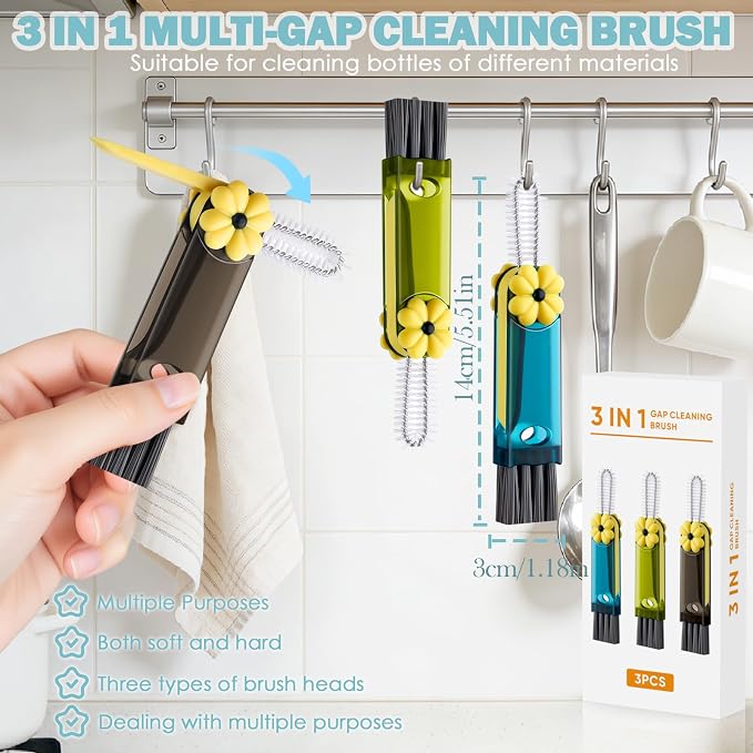 3 in 1 Cup Lid Gap Cleaning Brush Set, 3Pcs Multifunctional Bottle Cleaning Brush,Cup Lid Gap Cleaner, Home Kitchen Crevice Brush Tools