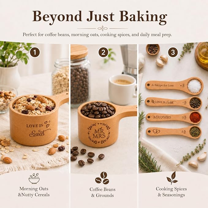 Wedding Gifts for Couple, Mr ＆ Mrs Wooden Measuring Cups and Spoons Set, Engagement Gift for Newly Engaged, Bridal Shower and Bachelorette Gifts for Bride, Kitchen Gadgets for Cooking & Baking