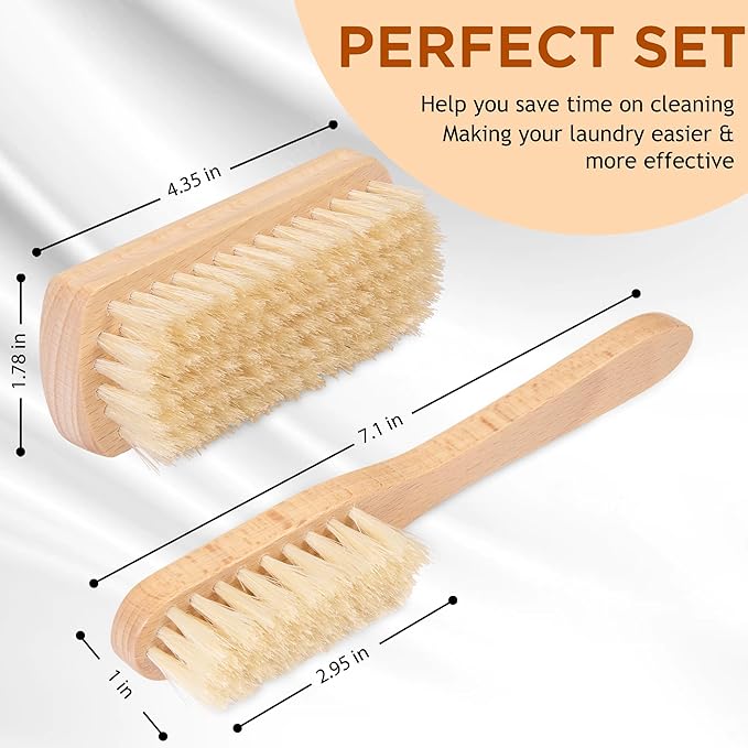 TAKAVU Laundry Brush Set, Soft Boar Bristle and Compact Wood Handle | Gentle on Delicate Fabrics, Stain Scrub Brush for Clothes, Delicate Knits, Washable Spot & Garment Care Cleaner