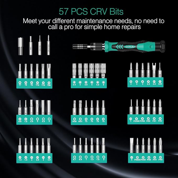 ORIA Small Screwdriver Set, 61 in 1 with 57 Bits Precision Screwdriver Set, Mini Repair Tool Kit with Extension Rod for Smartphone, Game Console, Tablet, PC, Green