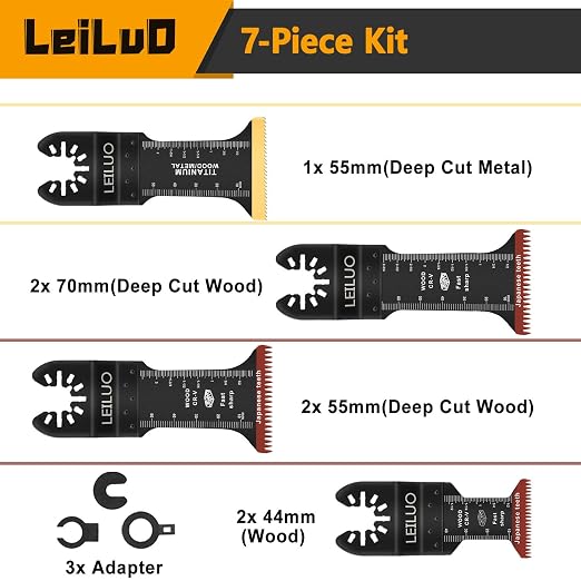 7 Pcs Universal Oscillating Saw Blades Extra Long Japanese Tooth & Titanium Multitool Blades for Wood with Nails Plunge Cut Oscillating Tool Blades Fit DeWalt Makita Milwaukee and More