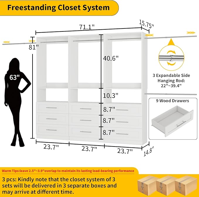 Closet System Set of 3, 6FT-15FT Closet System with 9 Drawers, Walk in Closet System with 6 Hanging Rods Adjustable & 3 Shelves, Modular Custom Closet Organizer Storage System Freestanding, White