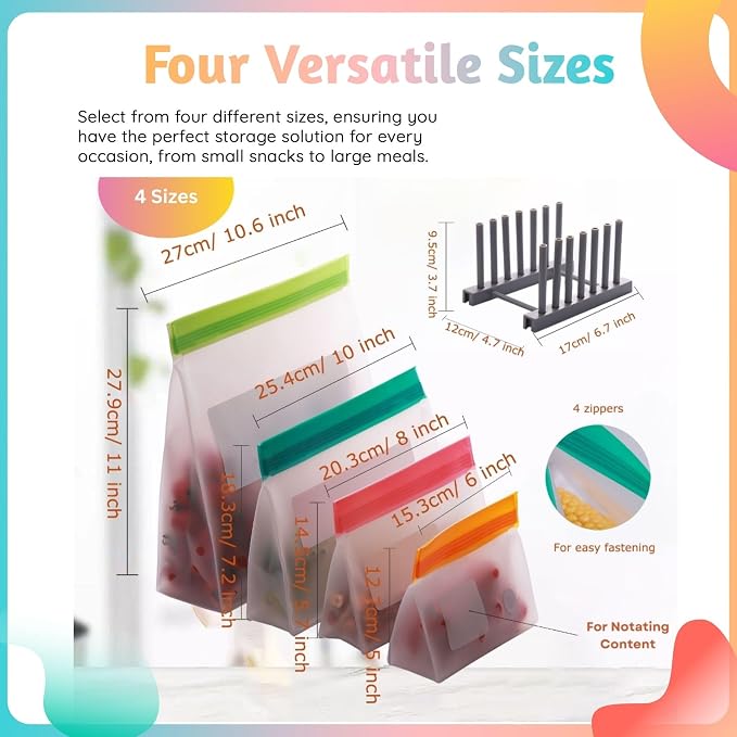 Reusable Food Storage Bags – 10-Pack Stand-Up, BPA-Free, Freezer, Dishwasher Safe & Eco-Friendly – 5 Gl, 5 L Bags – Airtight Leakproof Ziplock Bags for Kitchen Storage (Multicolor)