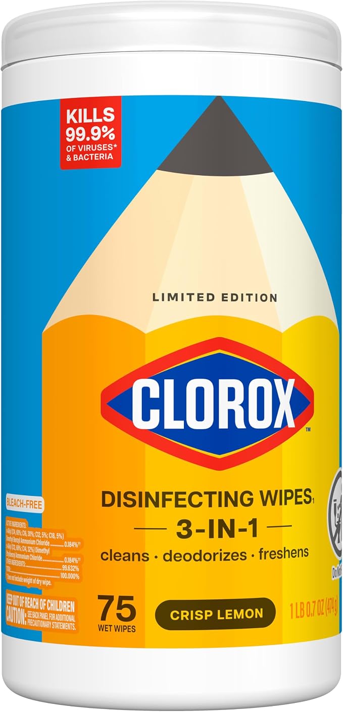 Clorox Disinfecting Wipes Back to School, Bleach Free, Crisp Lemon, 75 Count, Pack of 2 (Package May Vary)
