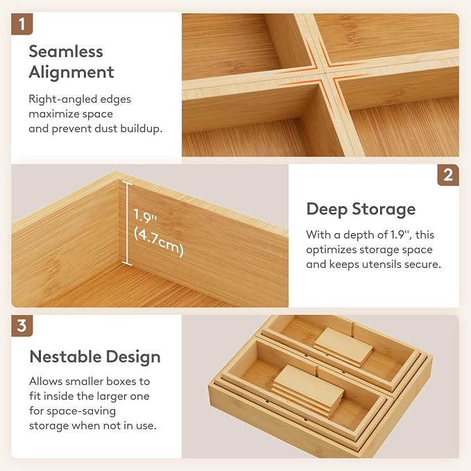 Lifewit Drawer Organizer 15 Pack(33 Grid) with 18 Inserts | Adjustable Bamboo Wooden Trays for Utensils, Silverware, Makeup, Kitchen, Bathroom, Office, Vanity Storage