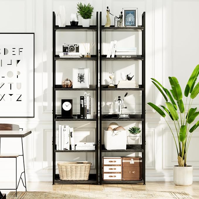 NUMENN Narrow Bookshelf, 6 Tier Freestanding Shelving Unit, Black | Metal Frame & Wood Shelves, Falling Prevention Baffle, Open Storage Bookcase for Bedroom, Living Room & Home Office