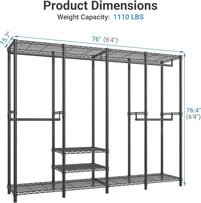 VIPEK V40 Heavy Duty Clothes Rack, 1110lbs Capacity Sturdy Metal Garment Rack, Clothing Rack with 6 Shelves & 4 Hang Rods, Adjustable Open Wardrobe Closet Organizer for Bedroom/Apartment/Retail, Black