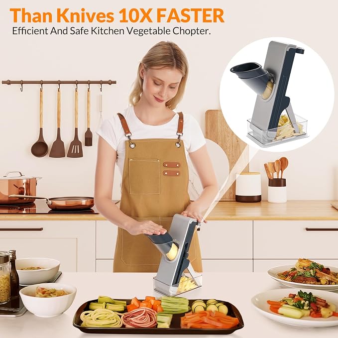 FEICO Safe Mandoline Slicer for Kitchen, Vegetable Slicer with Container, French Fry Cutter, All in 1 Julienne Slicer for Potato, Thickness Adjustable, Detachable Blade, Dishwasher Safe,blue