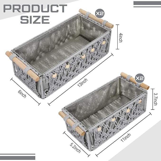 Vesici 4 Pcs Grey Macrame Storage Basket for Shelves 13 in 11 in Boho Storage Basket Hand Woven Boxes with Wood Handles Beads Decorative Countertop Toilet Tank Cabinet Organizer for Home Room Decor