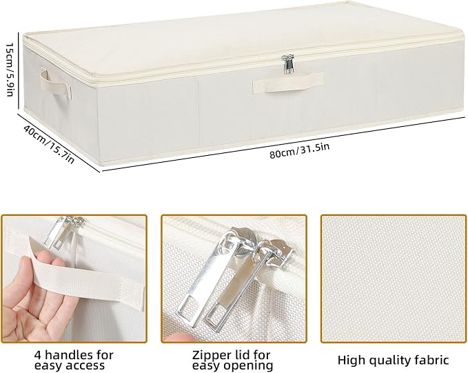 Underbed Storage Organizers,Beige,3 Pack,31.5x15.7x5.9 Inch | Under Bed Storage Container with Lids,Fabric Boxes,Drawer Organizer Bags,Foldable Baskets for Bedroom