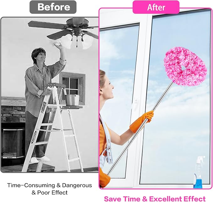 Ceiling Fan Cleaner Duster Reusable Microfiber Ceiling Fan Blade Cleaner Removable Duster with Extension Pole Adjusts 13 to 49.7 Inch for Cleaning Walls Furniture Door Window Top (Rosy White)