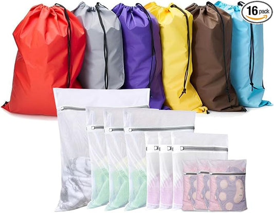 Laundry Bags Set of 16 Pack, Varied Colors | 6 Pcs Extra Large 30"x40", 10 Pcs Mesh Bags for Delicates, For College Dorm Apartment Dwellers Travel