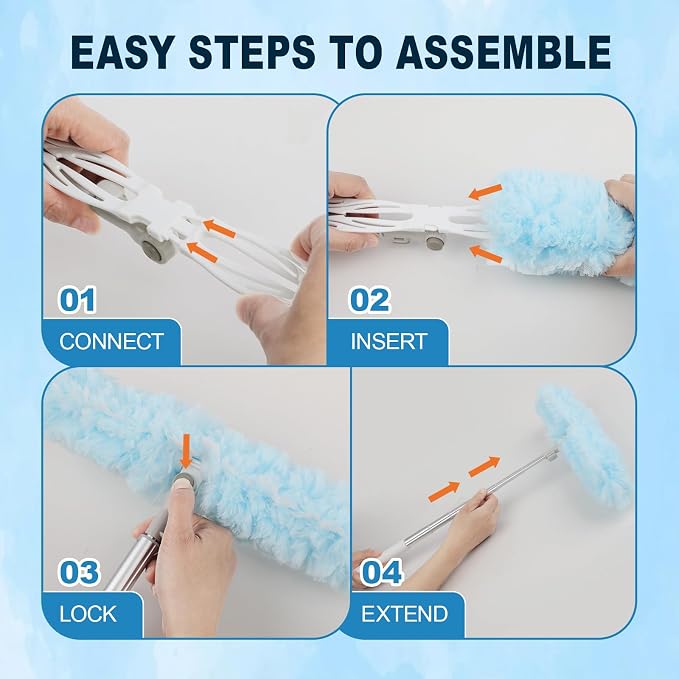 100Pcs Duster Refill Compatible with Swiffer Hand Duster +4FT Extended Handle +1 Handle, 360° Heavy Duty Duster Refills Kit for Cleaning, Office, Ceiling Fan, Baseboard & Blind