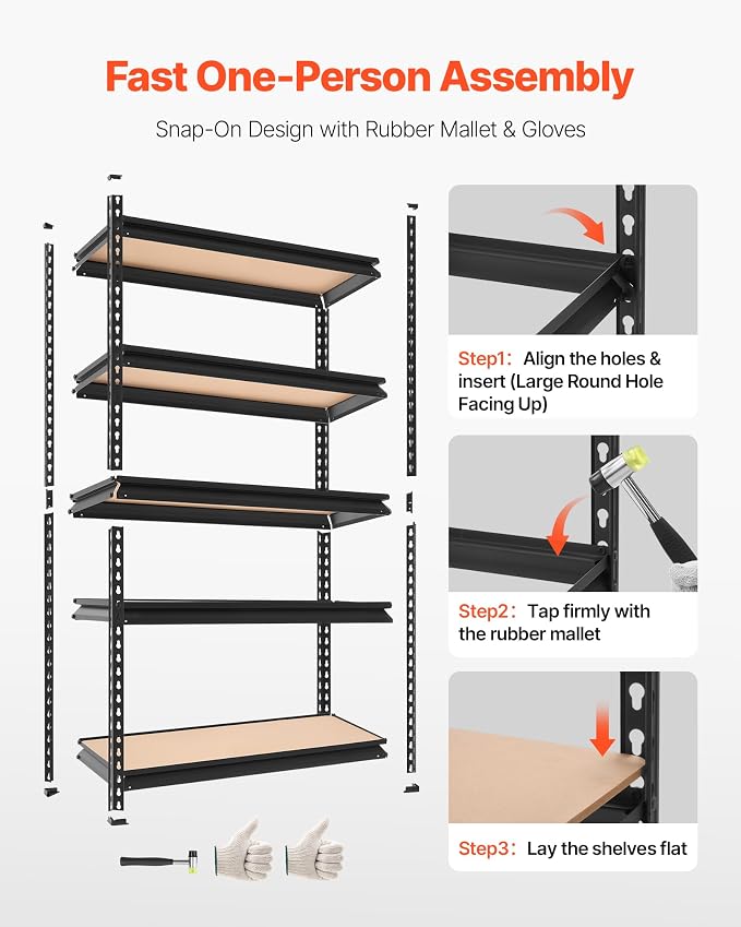 VEVOR Storage Shelves, 5-Tier Adjustable, 3000 lbs Capacity, Heavy Duty Garage Storage Shelving Unit, Metal Utility Rack Shelf, for Kitchen Pantry Basement Bathroom, 36.34" W x 12.17" D x 71.38" H