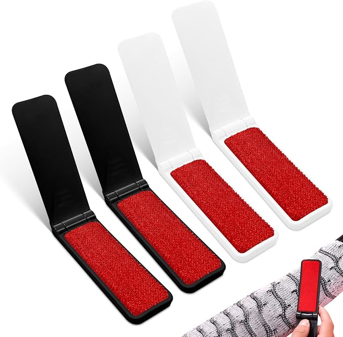 Kerros Foldable Lint Brushes for Clothes and Pet Hair, 4 Pack | Reusable Portable Lint Brushes for Clothes, Furniture and Pet Hair, 2 White and 2 Black, Compact Travel Size