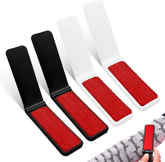 Kerros Foldable Lint Brushes for Clothes and Pet Hair, 4 Pack | Reusable Portable Lint Brushes for Clothes, Furniture and Pet Hair, 2 White and 2 Black, Compact Travel Size