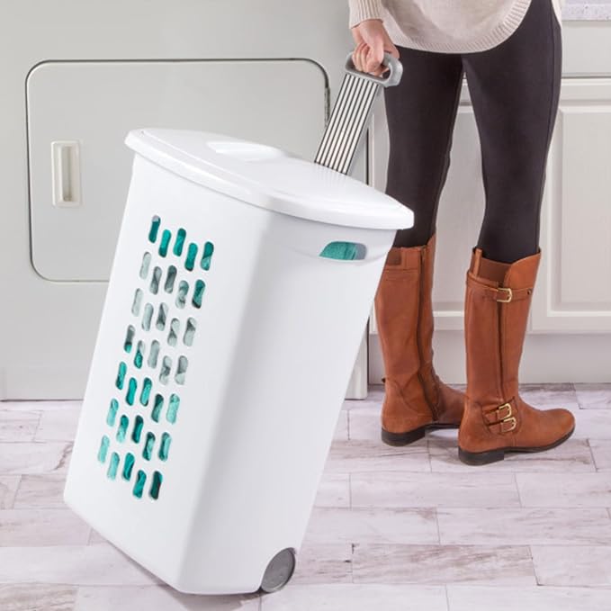 Sterilite Ultra Wheeled Hamper, Laundry Basket w/Flip-Top Lid, 6-Pack | Plastic Rolling Clothes Storage Cart with Retractable Handle & Ventilated Holes for Home, Apartment or Dorm