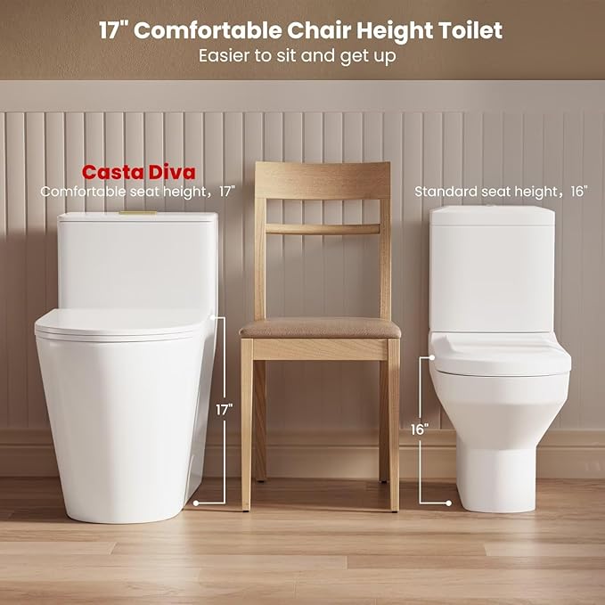 Casta Diva Elongated One Piece Toilet with 17" ADA Comfort Chair Height Seat Compact Toilet for Bathroom Dual Flush 1.1/1.6GPF, 12'' Rough-in, Dual Flush Toilet Button Golden