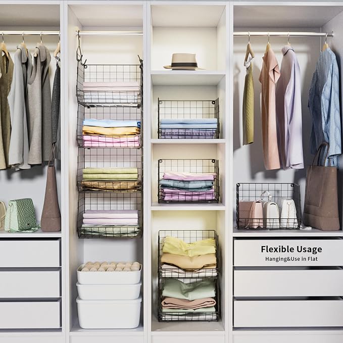 4 Tier Closet Hanging Organizer, Closet Organizers and Storage with 5 S Hooks, Closet Hanging Shelves & Freestanding Wire Storage Basket Bins, for Clothing Shoes Handbags Clutches Accessories Patent
