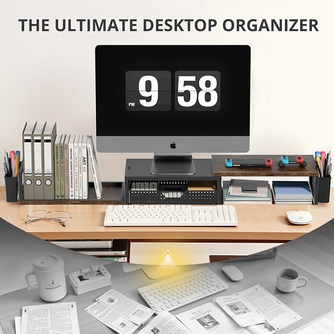 OPNICE Desk Organizers and Accessories, Dual Monitor Stand Riser with Drawer and 2 Pen Holders, Desk Shelf Computer Racks for Office Workspace Organizers, Desktop Organization (Rustic Brown)