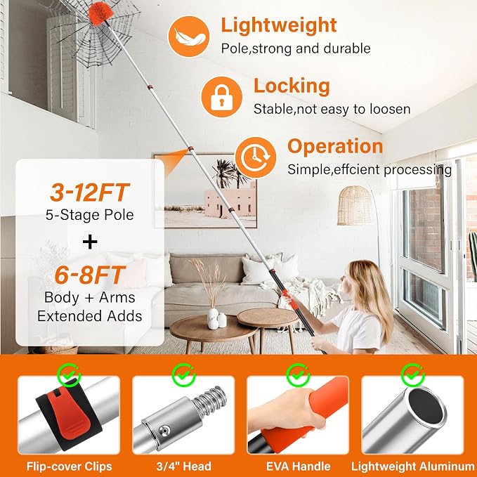18FT Cobweb Duster with Extension Pole,Spider Web Brush with Pole | Extend 3-12FT,Spiderweb Cleaner with 4-Stage Telescopic Aluminum Pole,Spider Brush Cobweb for Outdoor & Indoor Cleaning