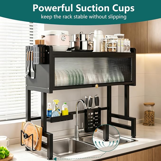 Over The Sink Dish Drying Rack, 3-Tier Carbon Steel Kitchen Storage Cabinet with Cover, 33.46" Heavy-Duty Large Capacity Dish Drain Shelf for Kitchen Sink Organization