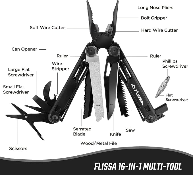 FLISSA 16-in-1 Multitool Pliers with Sheath Stainless Steel EDC | Equipped with Knife, Saw, Screwdrivers, Scissors and Opener. Nylon Carry Case for Camping,Handwork, Hunting, Hiking, Fishing