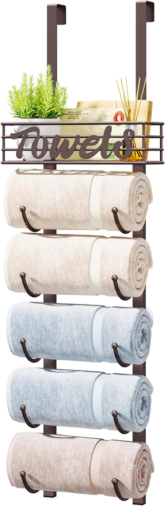 HapiRm Towel Racks for Bathroom Storage - 6 Tier Over The Door & Wall Mount Rolled Towel Storage Organizer Holder with Metal Shelf Basket for Small Bathroom, Camper, Rv - Bronze, Patented