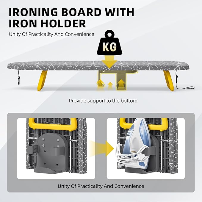 Small Ironing Board Tabletop, Foldable mini Ironing Board, Table top Ironing Boards Small, Compact Portable Ironing Boards with Iron Holder & Hanging Rope, Iron Table Stand 32x12, Gray