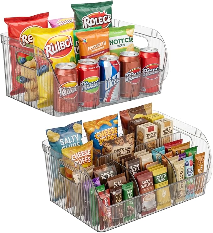 2 Pack Large Snack Chip Bag Organizer for Pantry, 6-Compartment Snack Chip Storage Containers with Dividers, Pantry Organizers Storage for Chip and Snacks Organizer for Pantry Office Cabinet