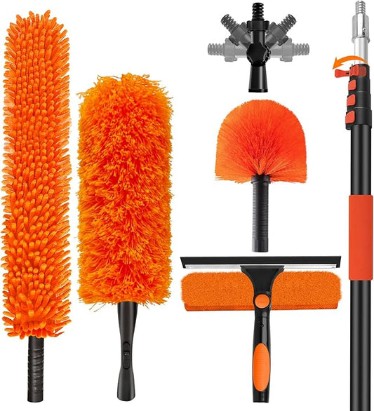 20FT High Reach Duster with Extension Pole 3-12FT, 4-in-1 Cleaning Kit with Universal Swivel Joint, High Ceiling Fan Cleaner Duster, Cobweb Duster, Microfiber Feather Duster and Window Squeegee