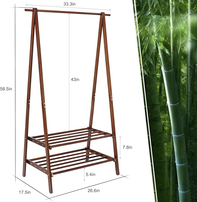 Jotsport Bamboo Clothing Rack with 2 Tier Storage Shelf, Foldable Design | Portable Clothes Hanging Stand Space-Saving Garment Rack for Laundry, Guest Room, Apartment, Entryway