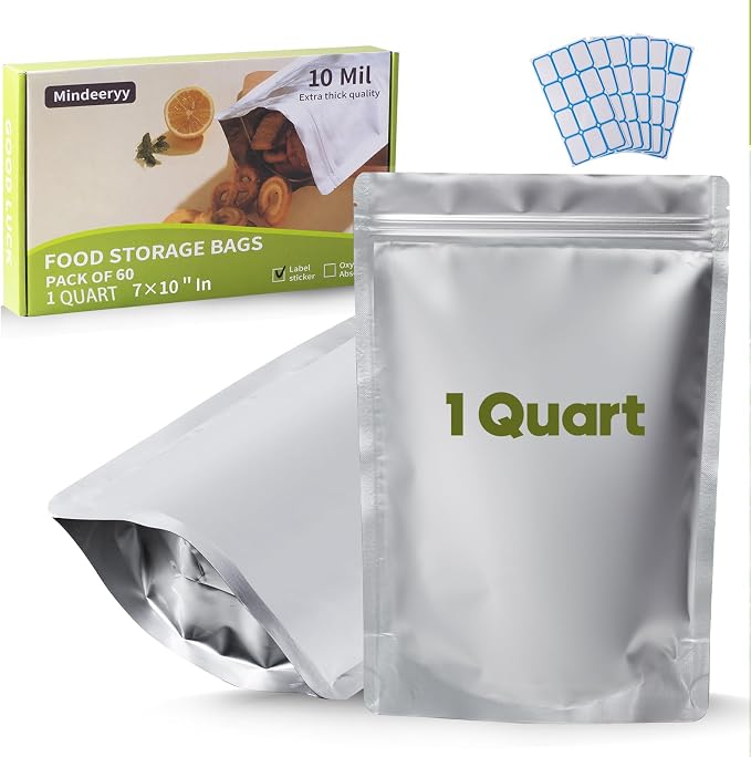 60pcs 1 Quart Mylar Bags for Food Storage Extra Thick 10 Mil | 7x10 Inch Smell Proof Mylar bag 1 Quart Stand-Up Zipper Pouches 7x10 Inch for Long Term Food Container Sets, Heat Sealable