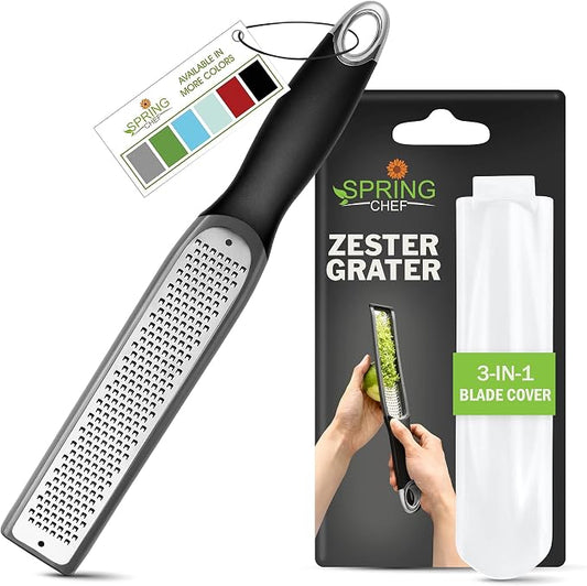 Spring Chef Premium Gray Lemon Zester Grater with Handle - Lime, Garlic, Ginger, Orange, Nutmeg, Fruit Grater - Heavy Duty Kitchen Tool - Stainless Steel Citrus Zester with Blade Cover - Fine Shred