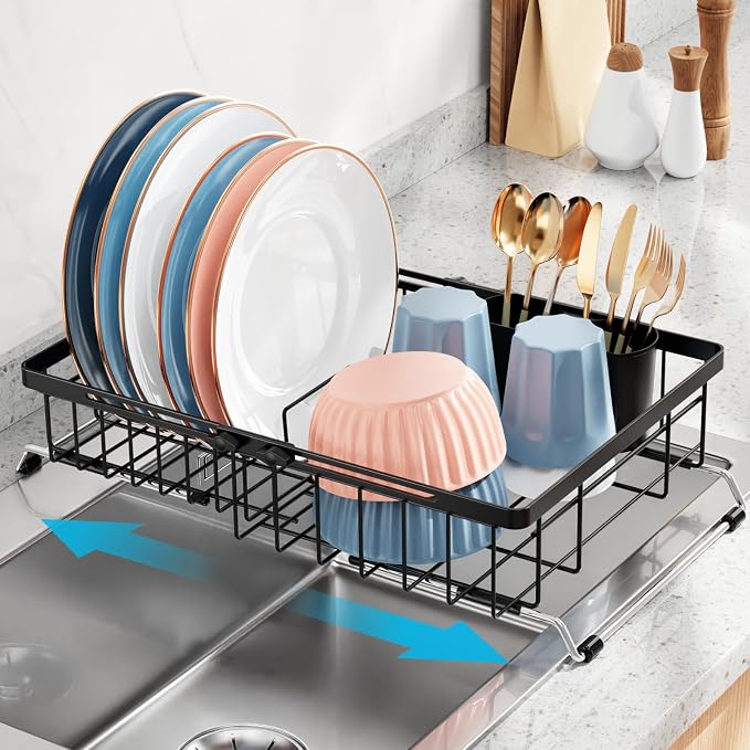 iSPECLE Over Sink Dish Drying Rack - Expandable Drainer for Kitchen, 12.7"W | Rust Resistant, Locking Knob Stability, for Small Kitchen, RV, Plates, Cups, Utensils, Black