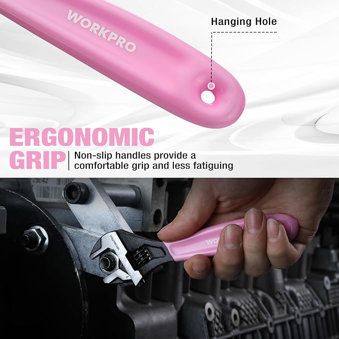 WORKPRO 2 PCS Pink Adjustable Wrench Set, 6-Inch & 10-Inch Wide Jaw Wrenches