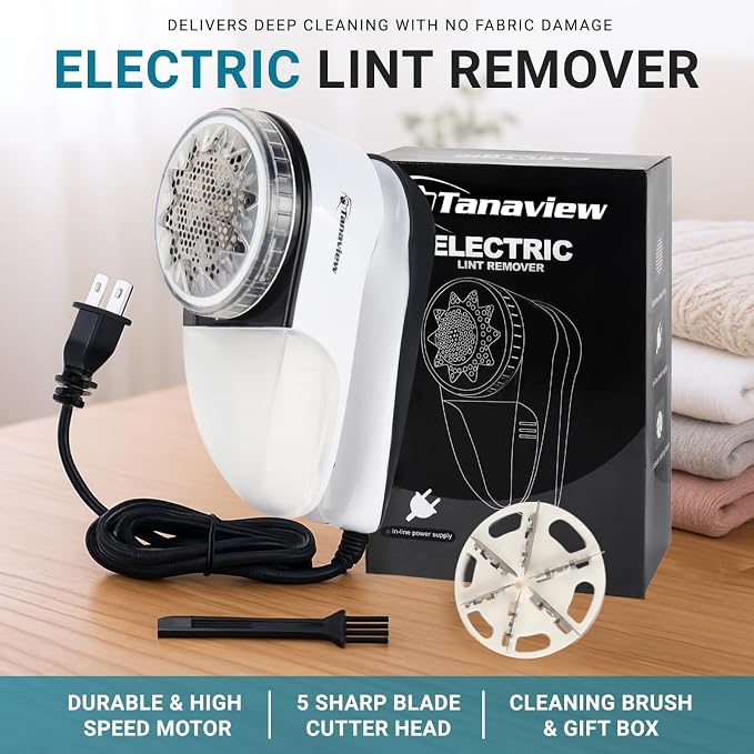 Power Corded Electric Fabric Shaver | No Battery, Pilling & Fuzz Remover for Clothes, Furniture, Couch, Sweaters, 6 Leaf Blades, Portable Defuzzer, Depiller