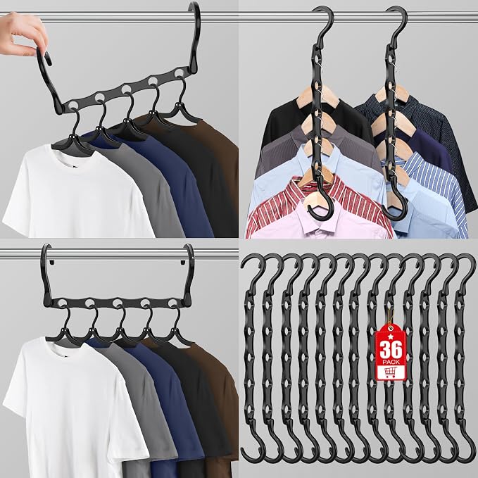 36 Pack Hangers Space Saving Magic Plastic Hanger Organizer Dark Black | Shirt Space Saving Hangers, Multi Clothes Hangers Space Saver for Closet Organizers Storage College Dorm Room Essentials