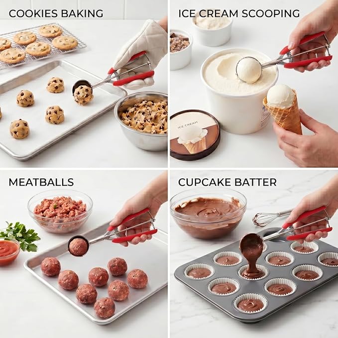Cookie Scoop, Ice Cream Scoop, 1Tbsp/15 ml/0.5oz Cookie Scoops for Baking, 18/8 Stainless Steel Cookie Scooper for Baking, Cookie Dough Scoop with Non-slip Grip (Red)