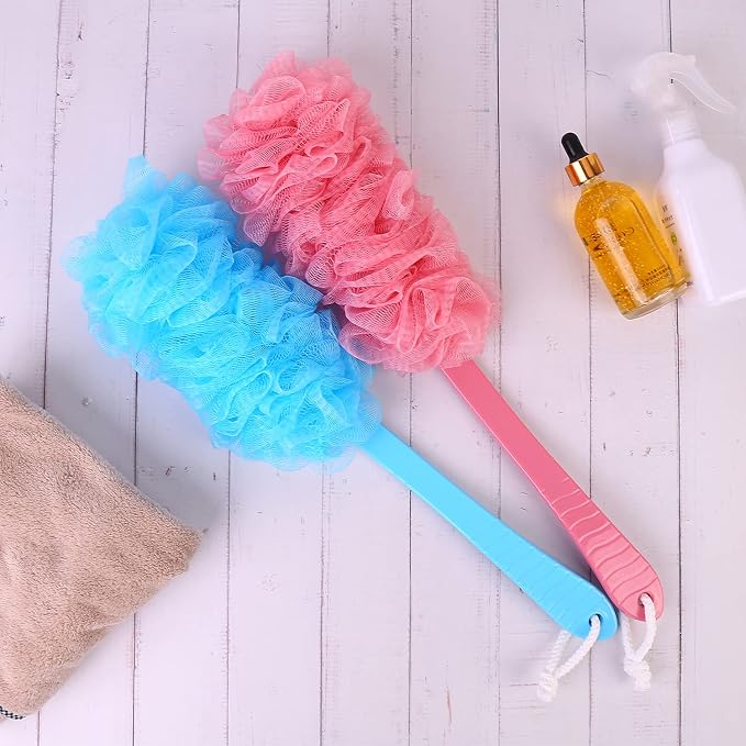 Back Scrubber Brush Long Handle for Shower, Loofah On a Stick Sponge Back Brush, Body Exfoliator Scrubber Bath Brush for Men Women, Exfoliating Cleaning Back Scrubber (2 Pack-Blue+Beige)
